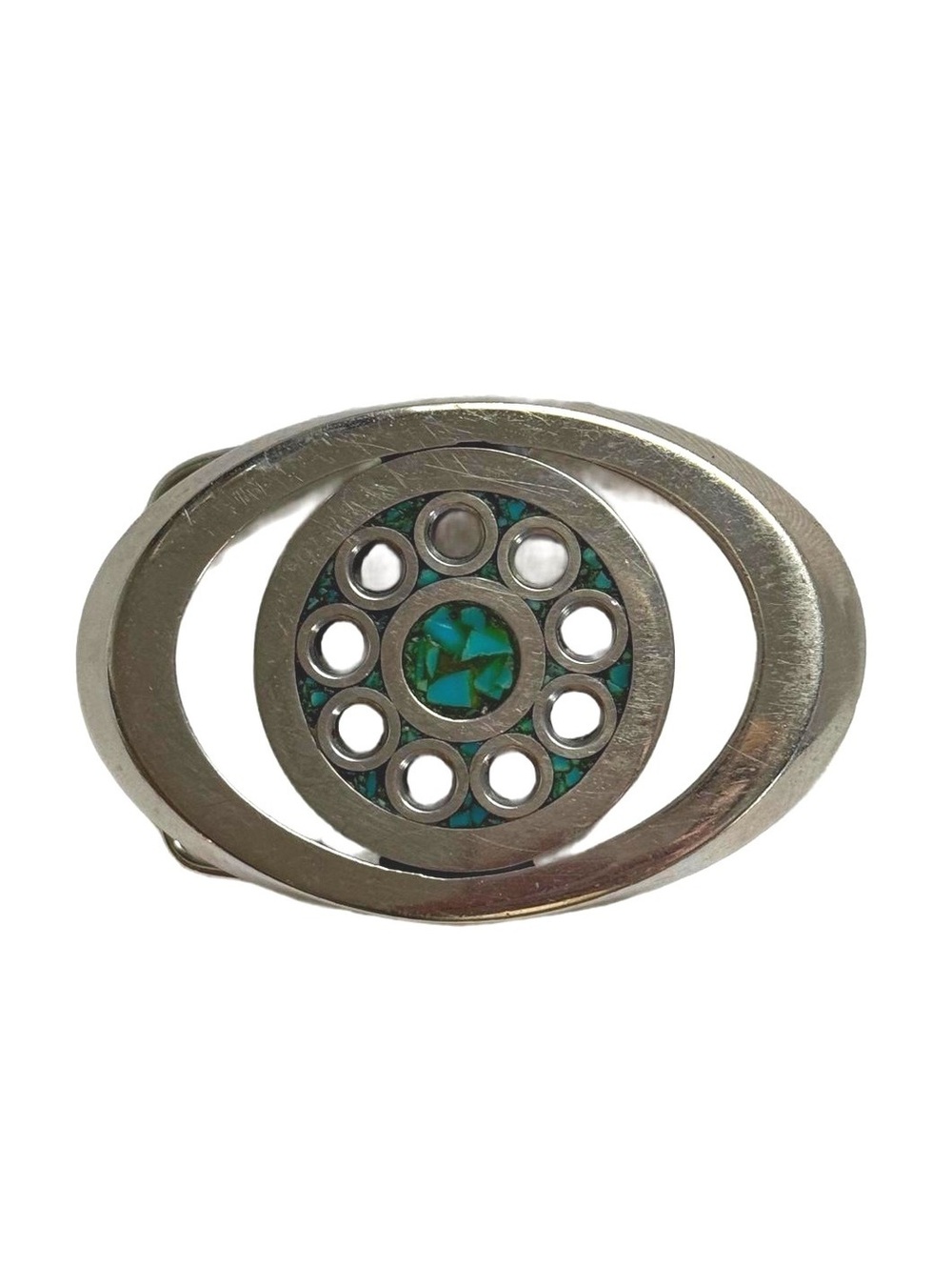 Vintage 1970s Machine Shop Made Belt Buckle Modernist Industrial Turquoise